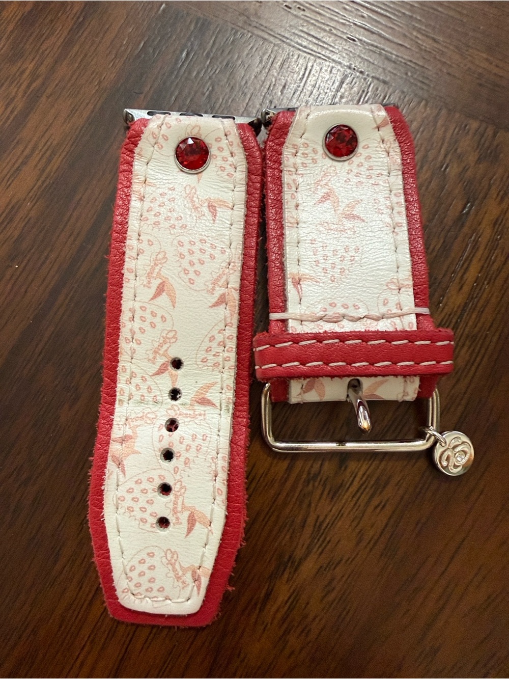 Red & Cream Strawberry Print Watch Band with Red Gem Accents Sparkl Watch Band. - Picture 4 of 5
